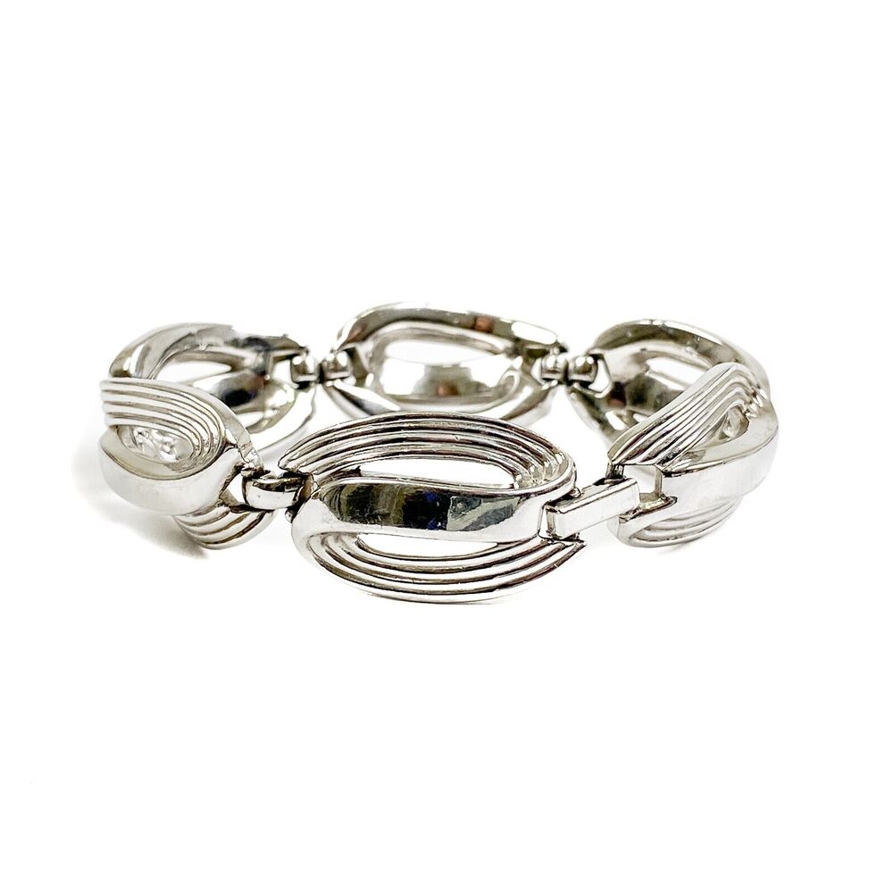 Crown Trifari Bracelet Vintage Statement Chunky Silver Tone Shiny Ribbed Swirl